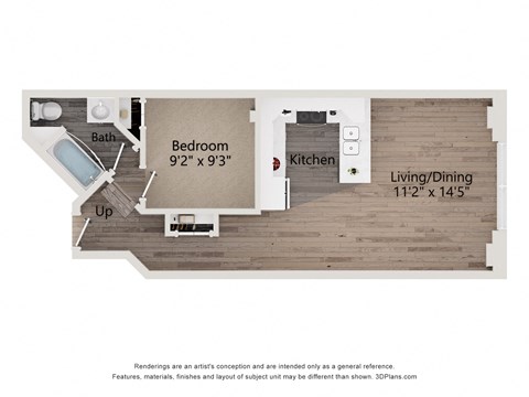 Floor plan for 1 bed, 1 bath, 590 sqft